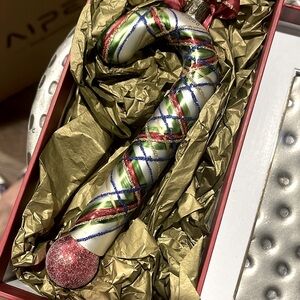 Waterfiord plaid candy cane ornament.